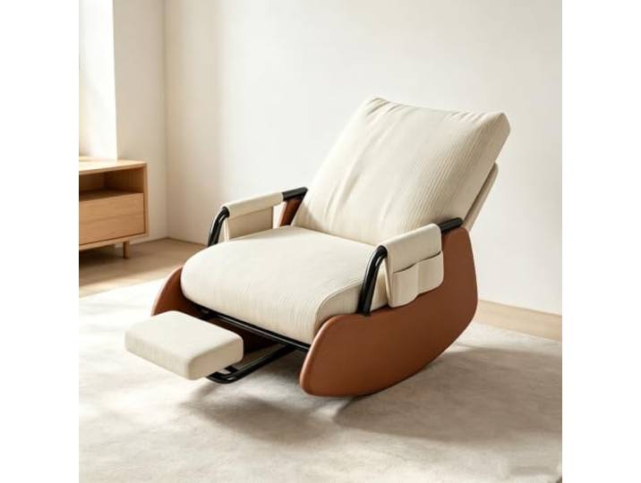 Ergonomischer Ruhesessel – mit Integrierter Fußablage Moderner Ruhesessel mit solider Schaukelbasis und praktischem Seitenfach für Zeitschriften.