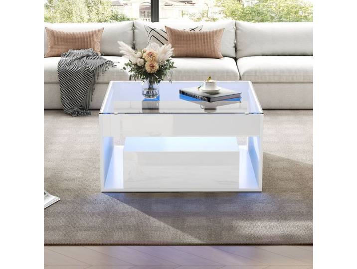 Table basse blanche 70x70x35cm – 2 tiroirs LED plateau verre design ajouré TABLE GIGOGNE