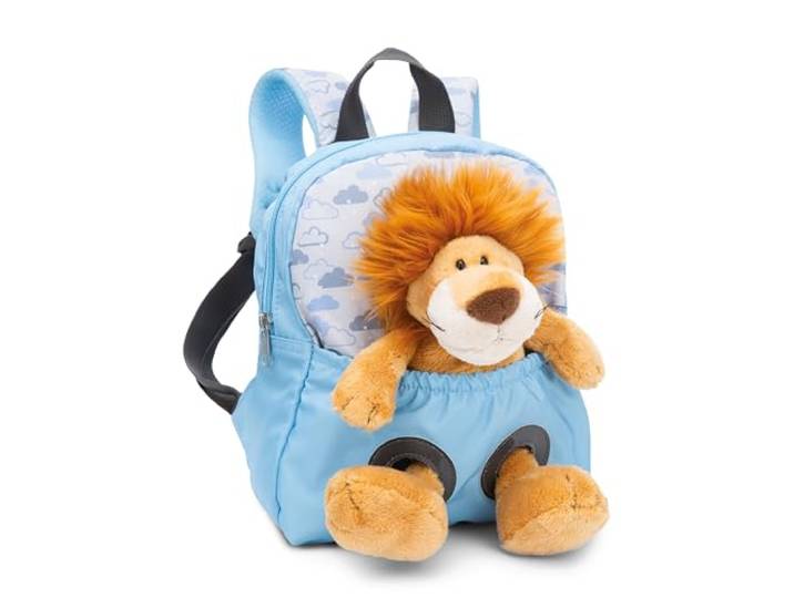 NICI Kinderrucksack blau 2 in 1 mit Kuscheltier Löwe 25cm - Kindergartenrucksack Mädchen & Jungen - Weicher Rückenbereich & verstellbare Gurte - 49848