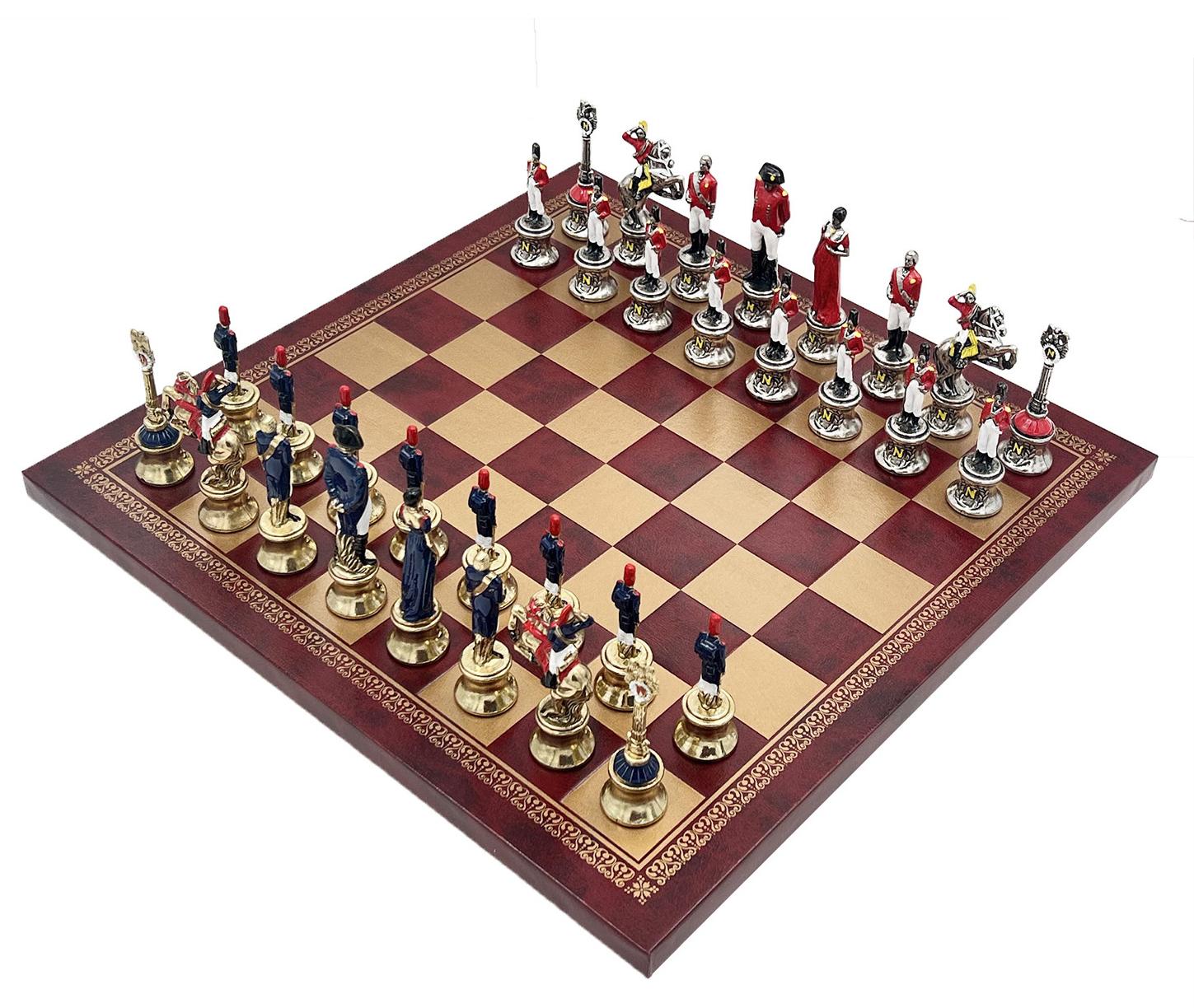 Italienische Schachfiguren Napaleon + Schachbrett Aus Kunstleder Gold/ Burgundy 33