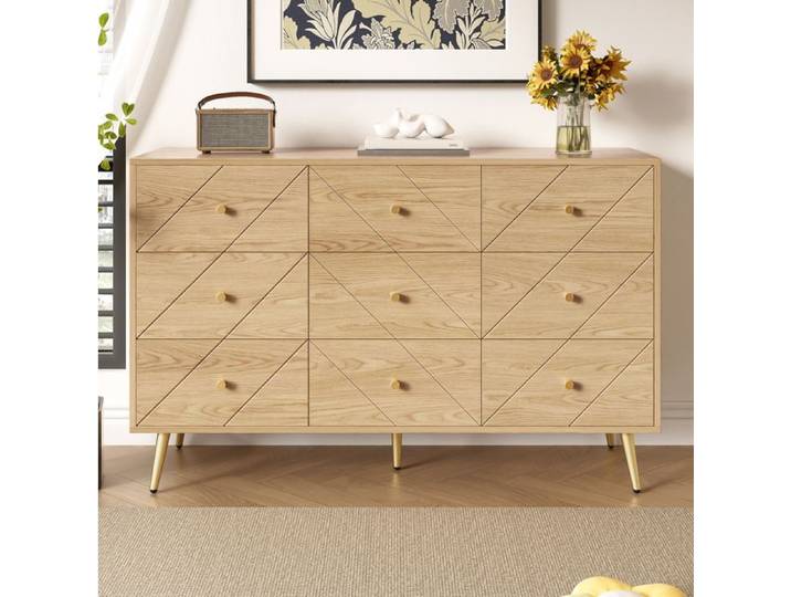 Commode 9 tiroirs effet bois 120x39x80 cm avec pieds métal doré et motifs géométriques TYNQER