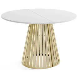 ESSTISCH Naro rund ausziehbar mit Goldenem Lamellen-Metallgestell, Weiß 100-180/100/76 cm