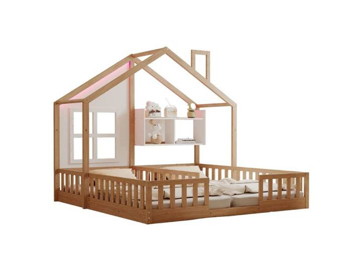 Lit cabane enfant 90x200 cm LED bois naturel