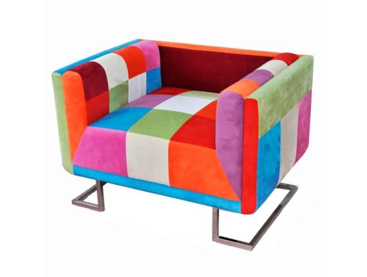 Würfel-Sessel mit Verchromten Beinen Patchwork-Design Stoff Sieben Farben, Holzgestell, Chrombeine, inklusive Kissen, Armlehnen, Wohnzimmer, Büro