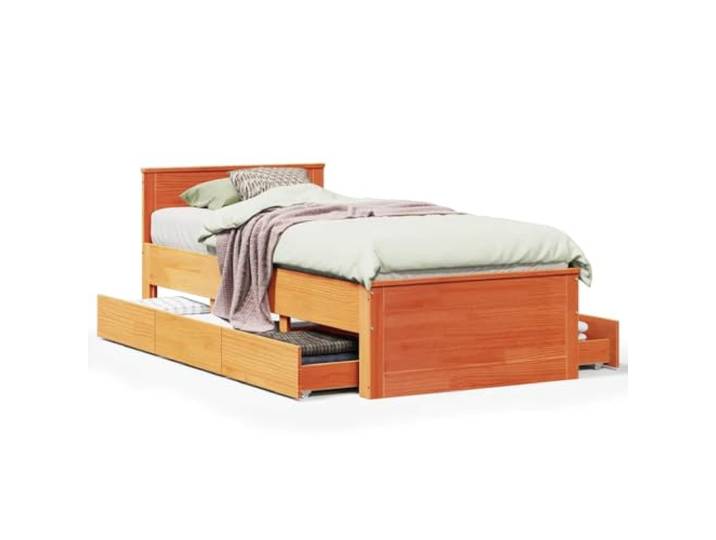 PUGYNBK Bett 90 x 190 cm, Kiefernholz, massiv, Braun Lattenrost, Aufbewahrungsschubladen, stabile Beine, funktionales Kopfteil