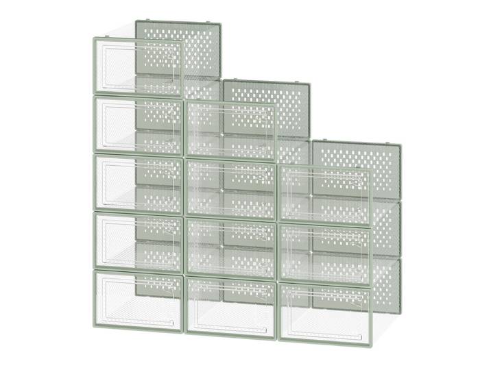 JOYFURNOS Lot de 12 Boîtes de Rangement Empilables pour Baskets, Organiseurs de Chaussures en Plastique Transparent pour Armoire, Vert et Transparent