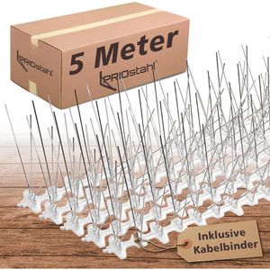 PRIOstahl Vogelabwehr Taubenspikes, 5 Meter, Spikes aus Edelstahl, silber, mit Kunststoffschiene, 5-reihig, 10 Stück