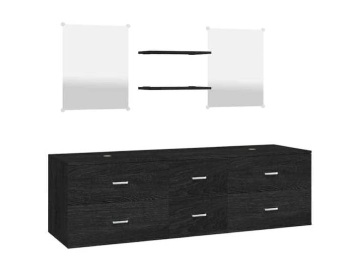 KTHLBRH Badezimmermöbel-Set 5-teilig, schwarz, aus mehrschichtigem Holz Wandmontierter Schminktischschrank, 2 Einlegeböden, 2 Spiegel, Wandmontage, Waschbecken nicht im Lieferumfang enthalten
