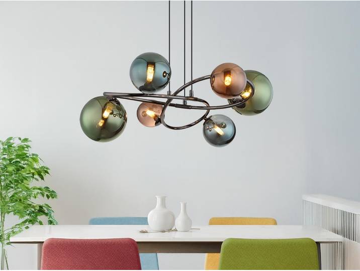 Globo Lighting Hängeleuchte Metall grau matt, Glaskugeln, Kabel PVC schwarz, Höhe kürzbar, Glasfarben: bronze, grün, petrol, ø: 650mm, H: 1200mm, Glas-DM: 2x 15cm, 2x 12cm, 2x 10cm, inkl. 6x G9 LED 3.5W 230V, 350lm Source, 290lm Output, 3000K