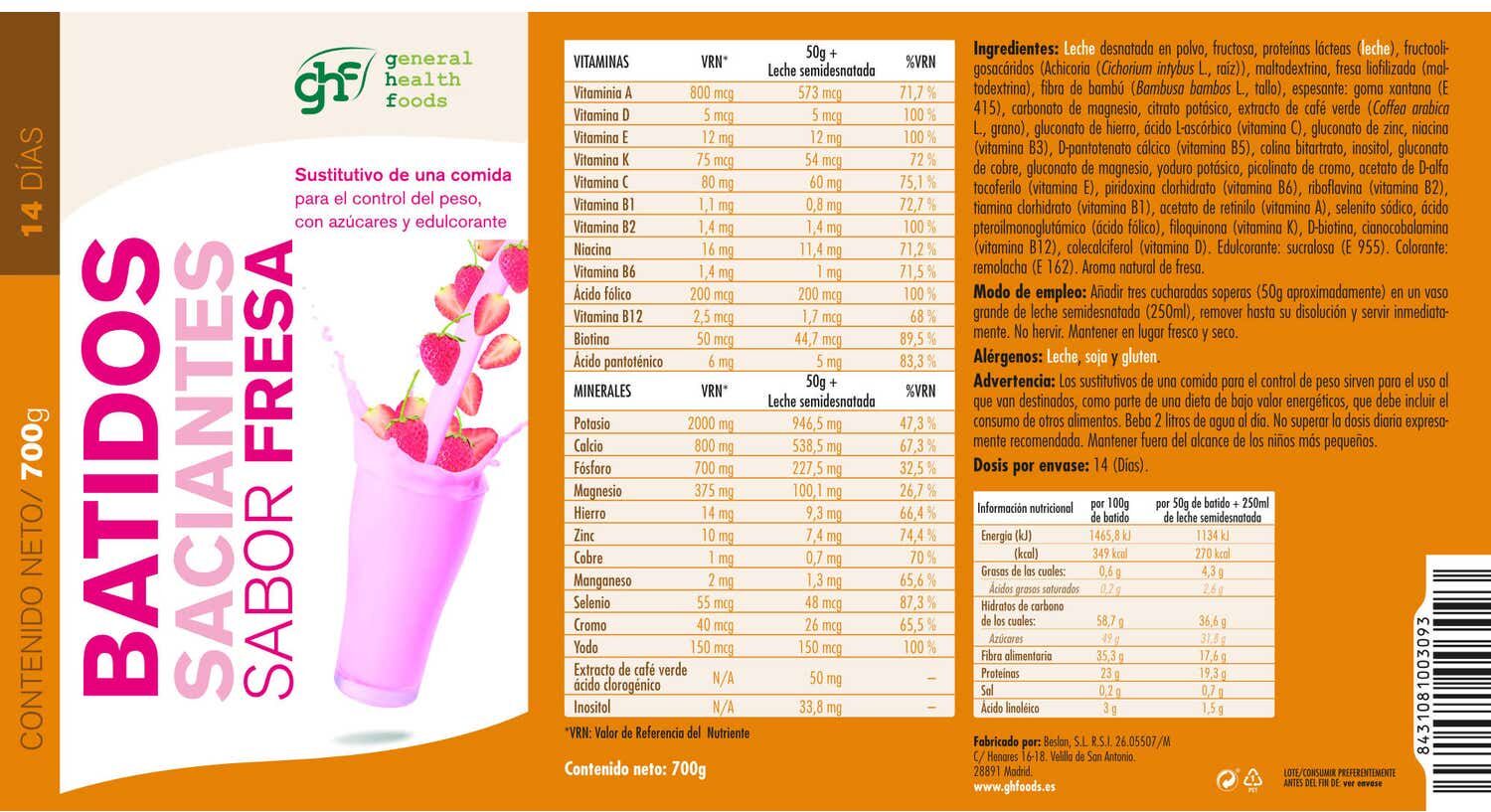 GHF Batido Control de Peso Sabor Fresa 700 g