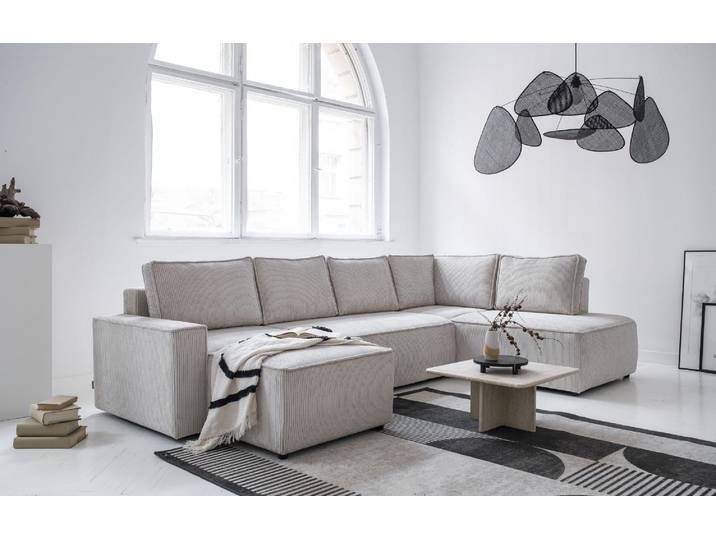 MIUFORM Brave Dave - Canapé d'angle avec fonction lit et coffre de lit U-FORM DROITE - 322x194cm - Beige - Canapé-lit Canapé