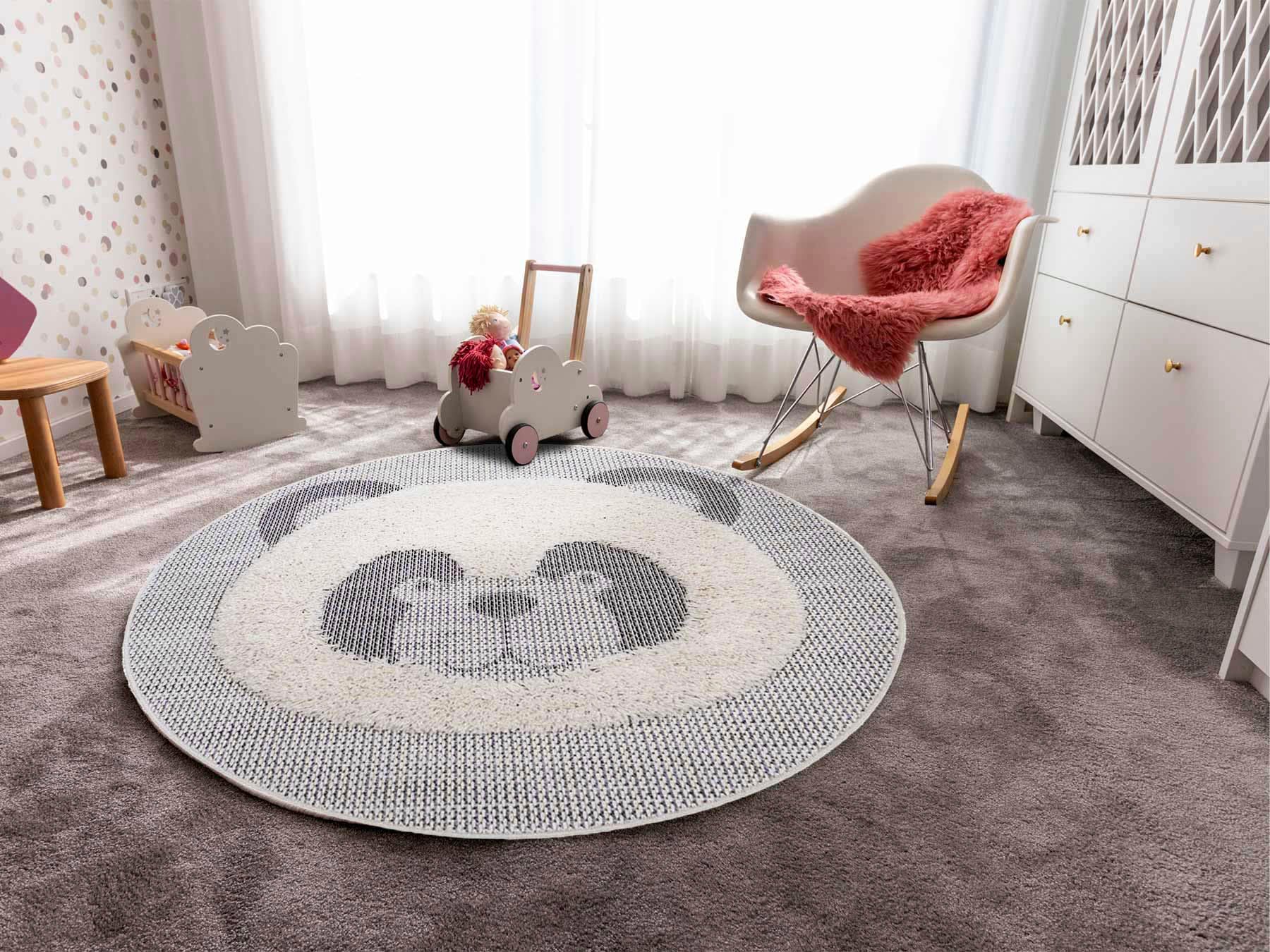 Kinderteppich "NAVAJO - Panda", weiss (wollweiß), H:35mm Ø:135cm, Polypropylen (PP), PRIMAFLOR-IDEEN IN TEXTIL, Teppiche, Kinderteppich, Hoch-Tief-Effekt, Motiv Panda, Kinderzimmer wollweiß Ø 135cm 1 Stk., 35mm, Ø 135cm