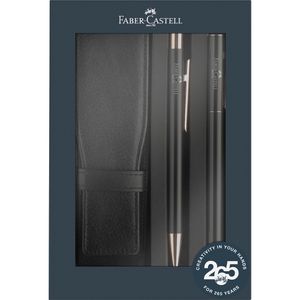Faber-Castell Schreibset Neo Slim schwarz/rosé, 3-teilig, Kugelschreiber, Füller aus schwarz lackiertem Metall und Etui