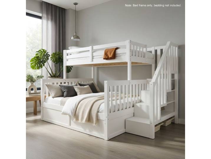 CollaHausse Lit Superposé 90/140x200 cm Blanc avec Vérin Échelle-Rangement et Sans Matelas
