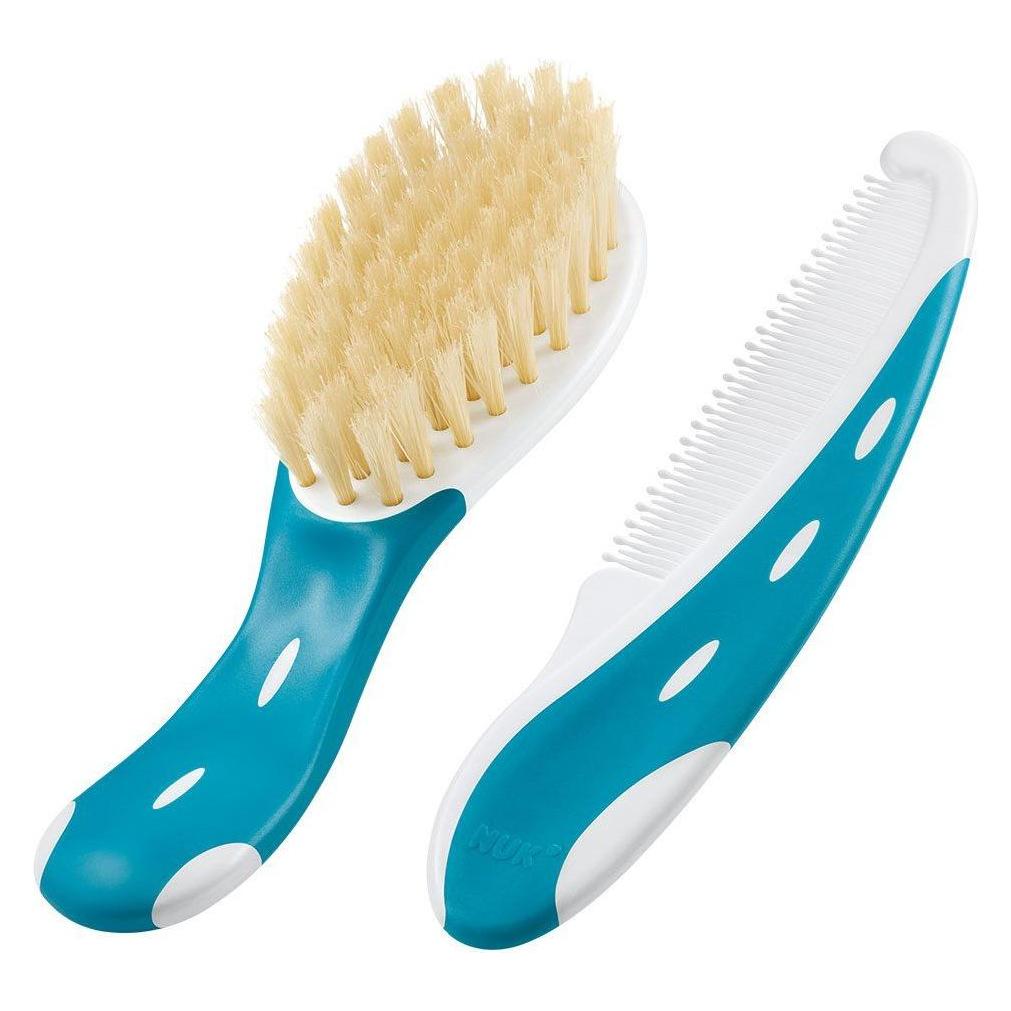 NUK Babybürste mit Kamm, Bürste aus 100% Naturhaar, Kamm mit abgerundeten Spitzen, blau (20327817)