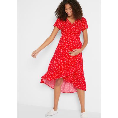 Umstandskleid BONPRIX, Damen, Gr. 44, N-Gr, Kurzarm, rot (erdbeere geblümt), Obermaterial: 100% Viskose, figurumspielend, Kleider, Wadenbedeckende Länge, tiefer V-Ausschnitt im Wickelschnitt