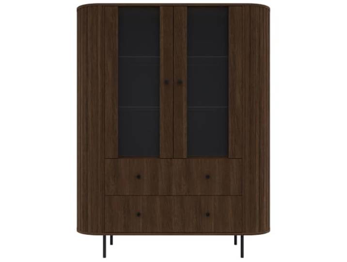 BEAUTY SOFA Vitrine Orion 123 cm mit 2 Glastüren, 2 Glasböden und 2 Schubladen, Standvitrine mit Soft-Close, geriffelten Seiten, Metallfüßen, Wohnzimmervitrine, Eiche Dunin