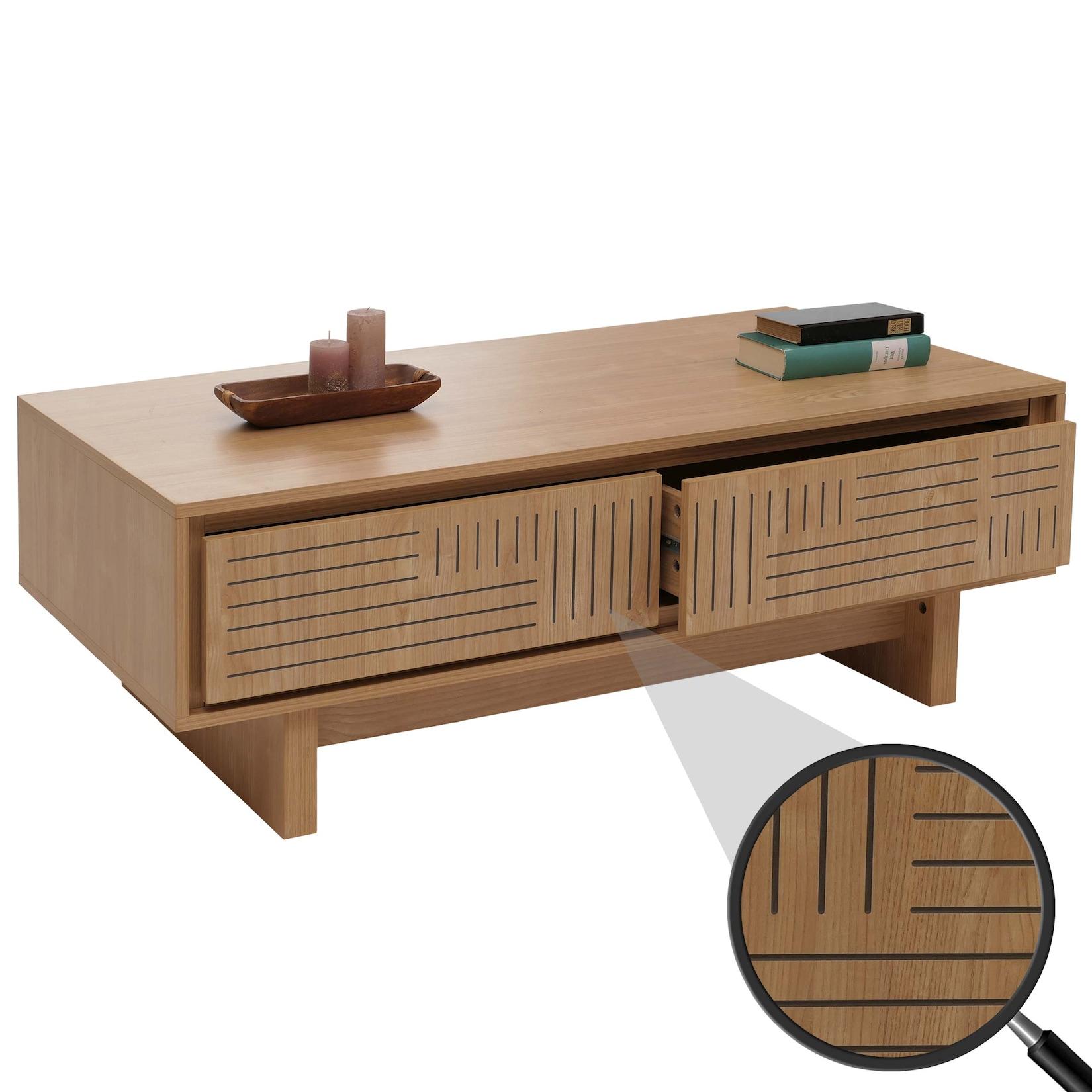 Couchtisch MCW-O33, Sofatisch Wohnzimmertisch Beistelltisch, 2 Schubladen 2 Fächer, Melamin 40x120x60cm ~ Ulme Natur