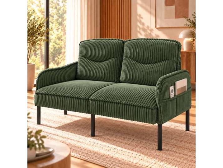 2-Sitzer Sofa aus Cord, 122 cm kleines Polstersofa mit Seitentaschen Hohe Rückenlehne, weiche Polsterung, Metallbeine & Seitentaschen – kompakt für Wohnzimmer, Schlafzimmer und kleine Räume