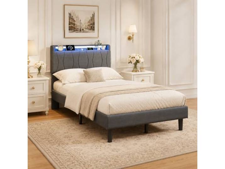 Polsterbett 90x200 cm mit LED, Einzelbett mit Lattenrost, Jugendbett (Grau) 18 cm Bodenfreiheit, komfortable Rückenlehne, robuste Tragstruktur, pflegeleichte Oberfläche, ideal für kleine Räume