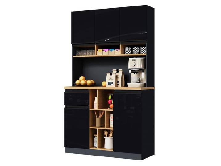 Buffet de cuisine - FURNITURER - 105x35x185 cm - Noir - 8 portes - Plan de travail intégré