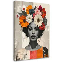 LEINWANDBILD, Frau mit Blumen auf dem Kopf im Boho Stil