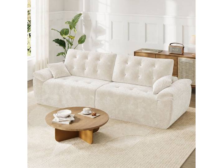 Grand Canapé 3 Places en Chenille Beige avec 2 accoudoirs et Oreillers Canapé compressé pour salon 275×102×90cm