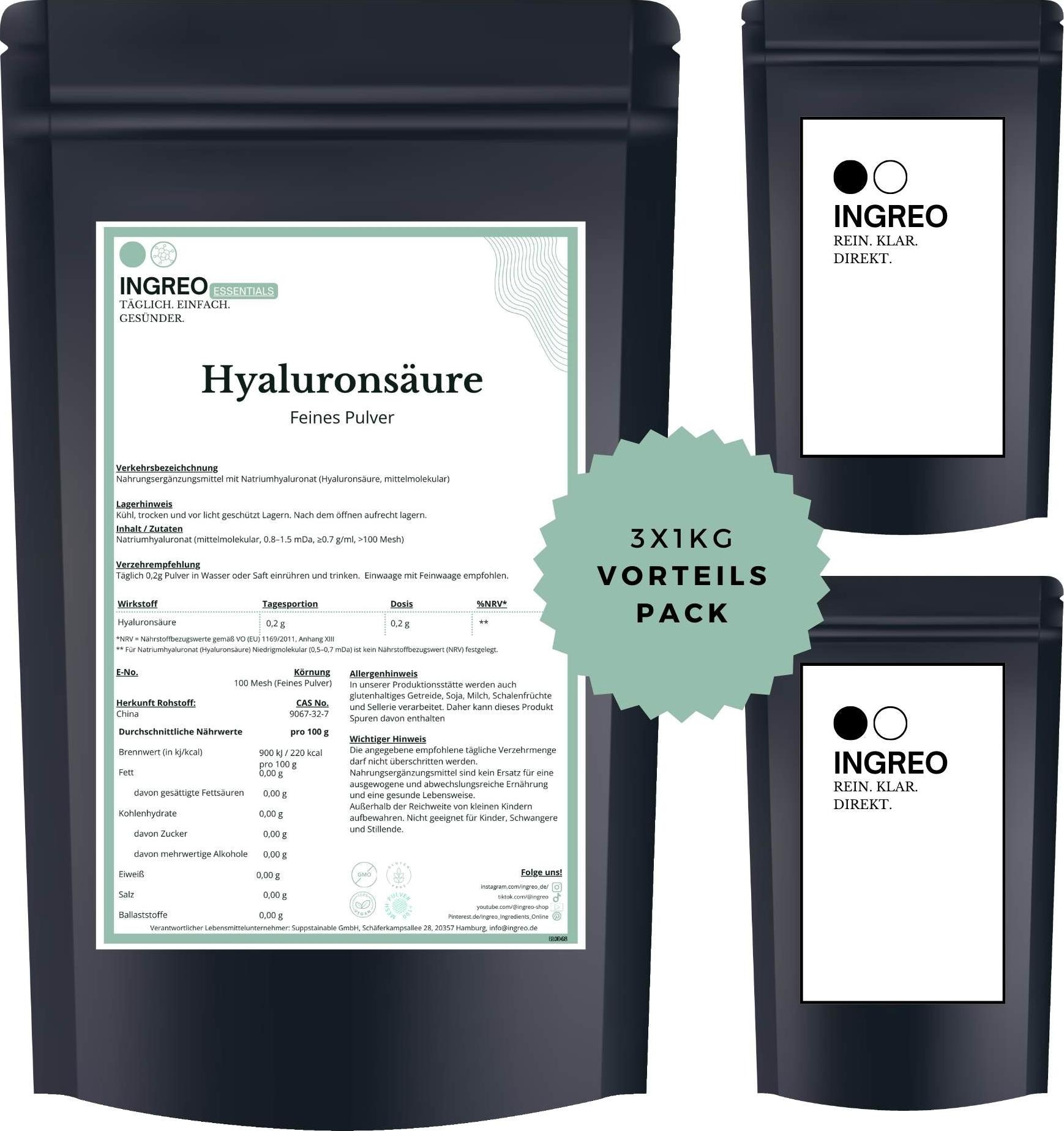 Hyaluronsäure - Natriumhyaluronat - Mittelmolekular (0.5-0.7 mDa, ≥ 0.7 g/ml) Feines Pulver (>100 Mesh) - 3kg (3X1kg)