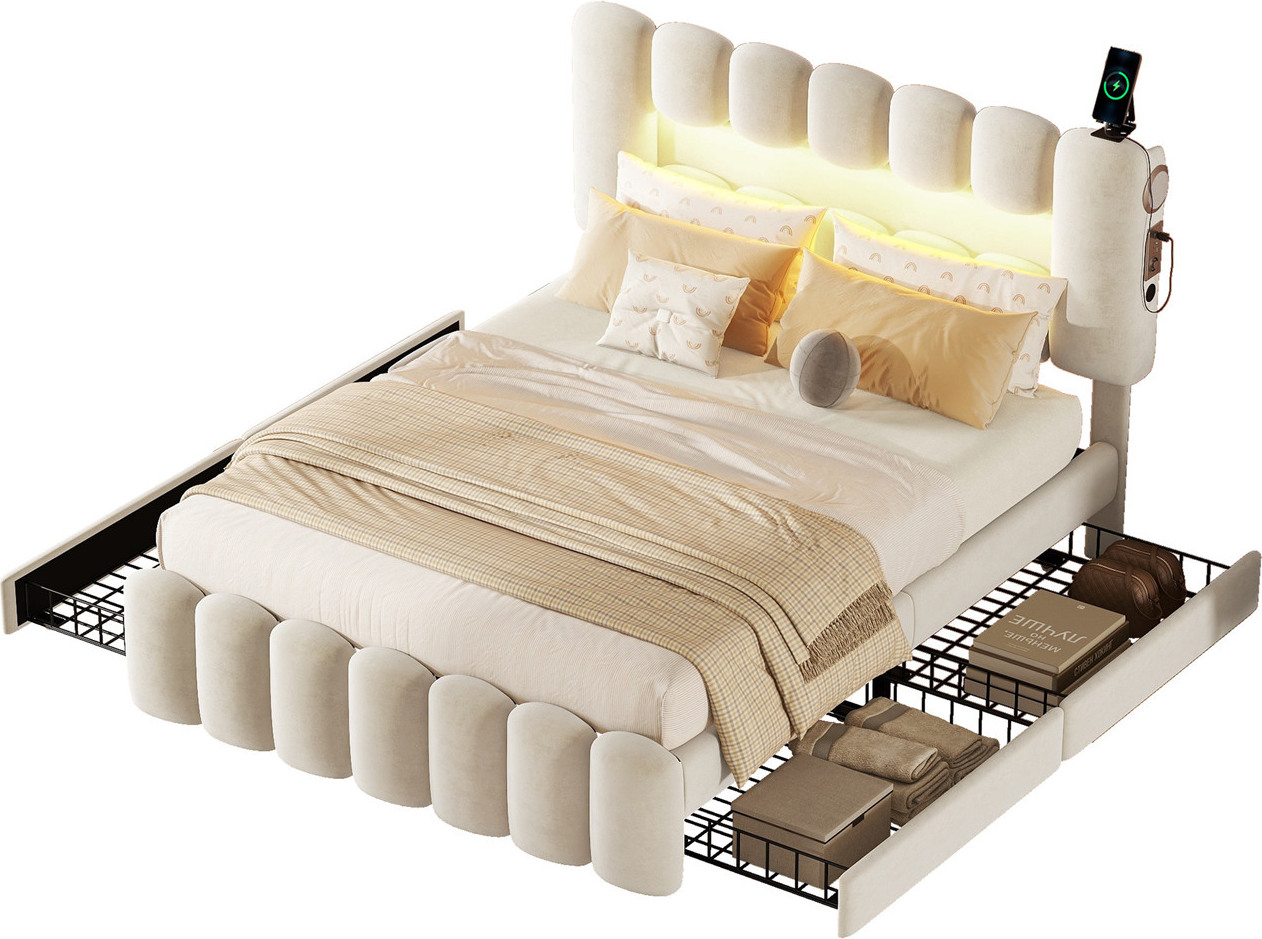 Polsterbett(140 x 200,Weiss)Polsterbett mit 4 Schubladen,Kinderbett mit LED-Lichtleiste mit USB und Stereoanlage