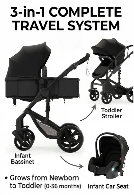 Babywagen - 3-in-1 Kombikinderwagen - Faltbar - Babyschalenkompatibel - Belastbar Bis 20 kg - Für geborene - Wende-Sitzeinheit - Schwarz