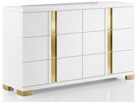 Benjara Yoki Wide Dresser, 6 Drawers, Modern Glam White and Gold
