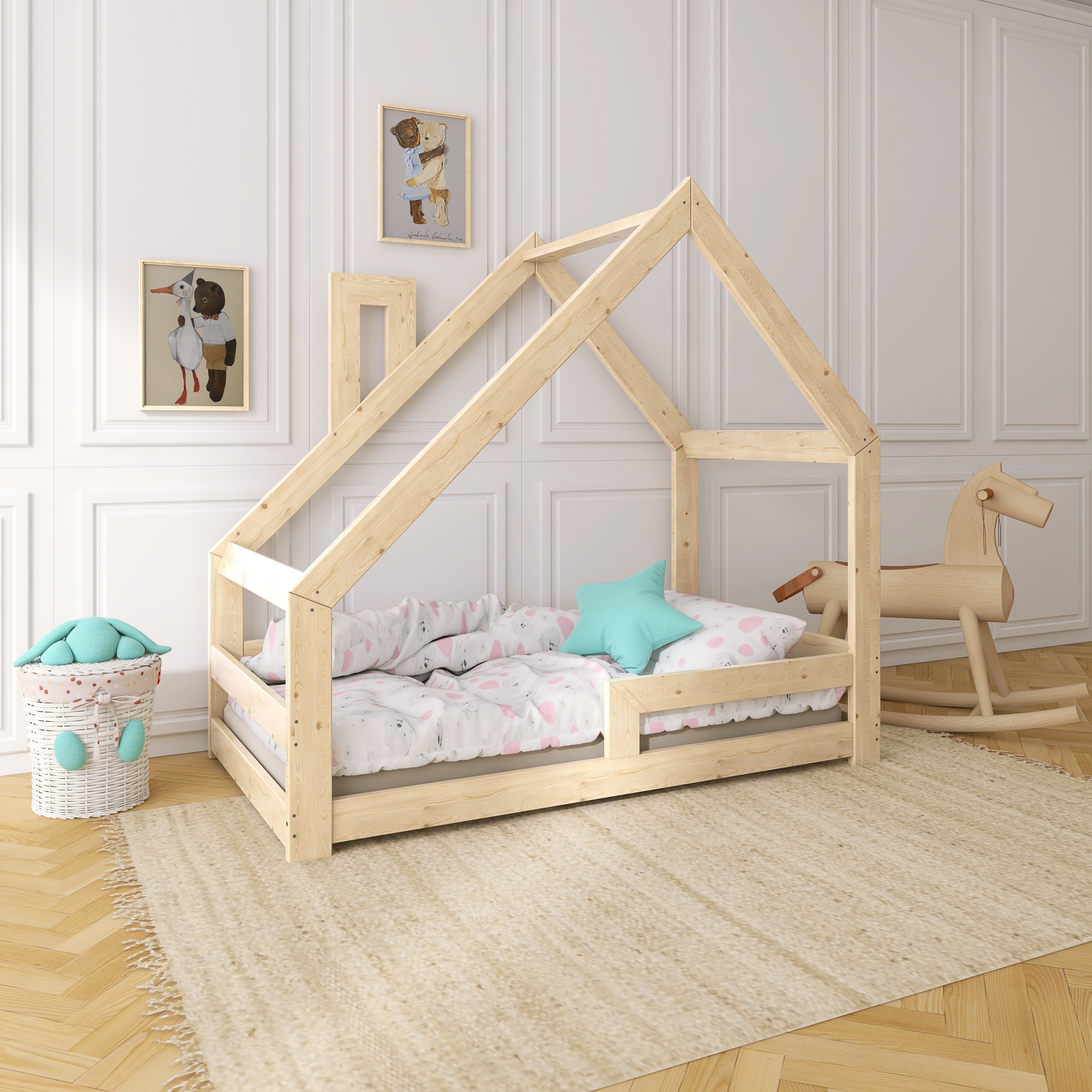 NeeSleep Hausbett 90x200 cm mit Rausfallschutz und Schornstein Asymmetrisch