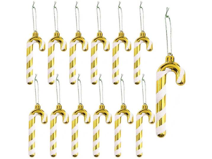 Weihnachtsbaumschmuck Zuckerstangen 12-teiliges Set Gold-Weiß, Mehrfarbig, Kunststoff, 1.5x1.5x12.5 cm, Dekoration, Weihnachtsdekoration