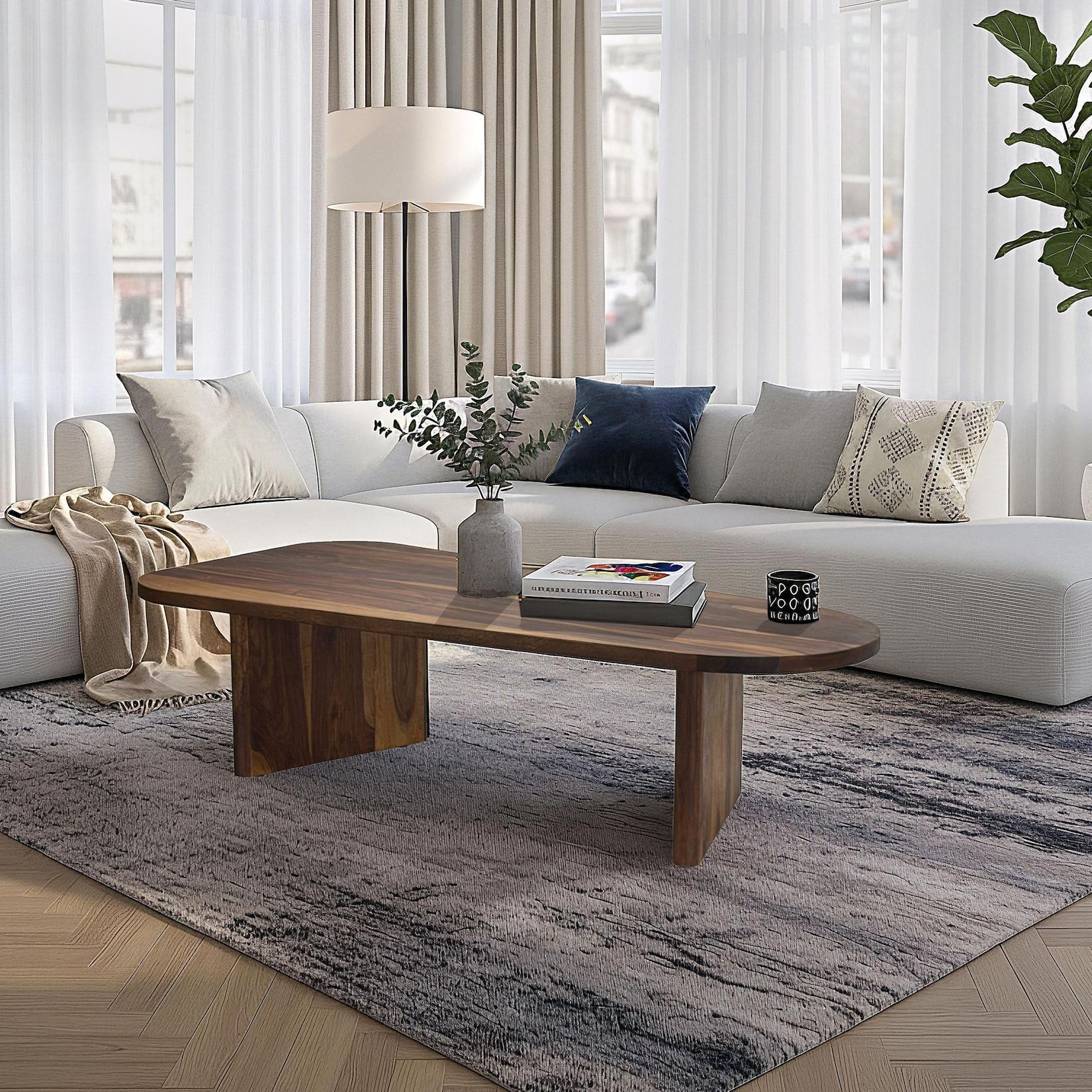 Couchtisch oval aus Sheesham Massivholz Sofatisch 120cm moderner Wohnzimmertisch