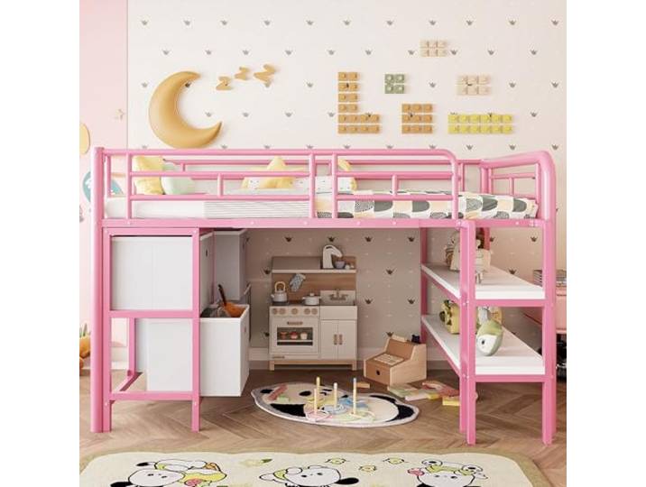 Bellemave Niedrig-Hochbett 90x200cm,Kinderbett mit Schubladen,Metall Rosa Breite sichere Treppen-Stufen, abgerundete Schutzecken, belastbar bis 150 kg, integrierte Regale, ohne Matratze