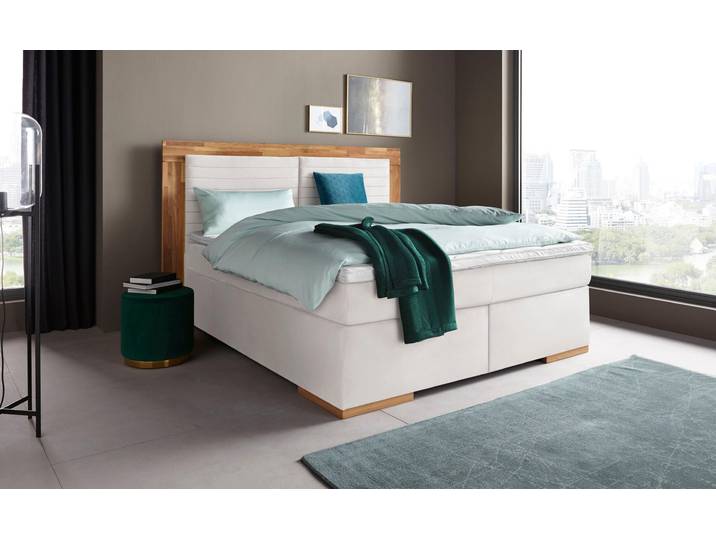 Boxspringbett, Luxus-Microfaser, Weiß (Snow), 190×206 cm, LED-Beleuchtung, Modern, Places of Style