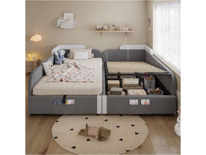VUENOR Lit enfant combiné 205x187x71 cm gris – hydraulique sans matelas