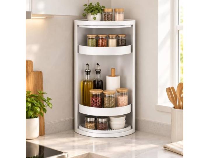 JS Space Drehbares Küchen-Eckregal 360°, Organizer für die Arbeitsplatte Platzsparendes Gewürzregal für Flaschen, Gläser und Küchenzubehör(XL)