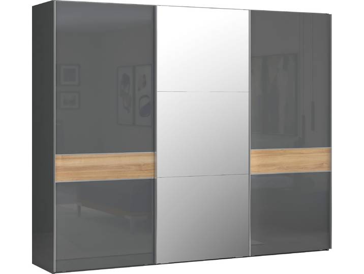 Schwebetürenschrank OTTO HOME Onyx, Schwebetürenschrank inklusive Innenleben, FSC-zertifiziert , grau (anthrazit, walnussfarben), B:272cm H:224cm T:61cm, Holzwerkstoff, Schränke, Schwebetürenschrank, UV lackiert, hochglänzend anthrazit, mit Soft-Close Funktion