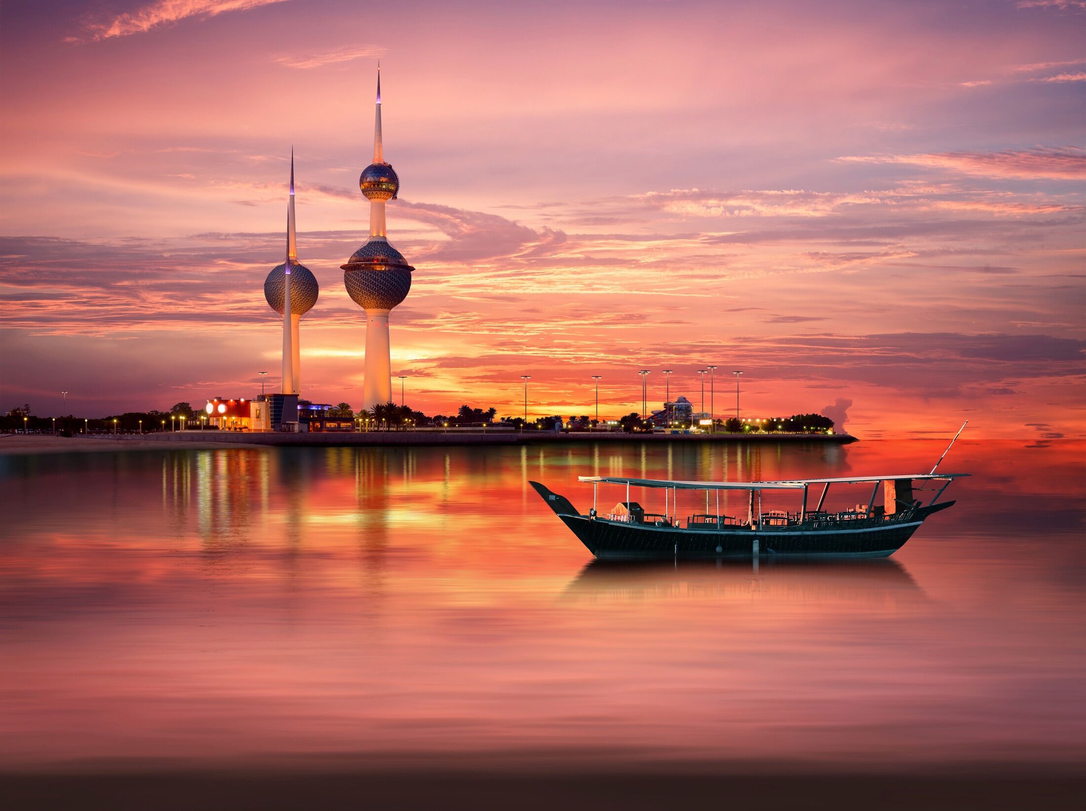 Fototapete PAPERMOON "KUWAIT-STADT-BOOT SKYLINE STRAND MEER GOLF PANORAMA", bunt, B:1,5m L:1,11m, Vlies, Tapeten, Fototapete bunt B/L: 1,5m x 1,11m, Bahnen: 7 Stk.