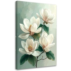 BILD auf Leinwand, Weiße Magnolien mit grünen Blättern auf mintfarbenem Hintergrund