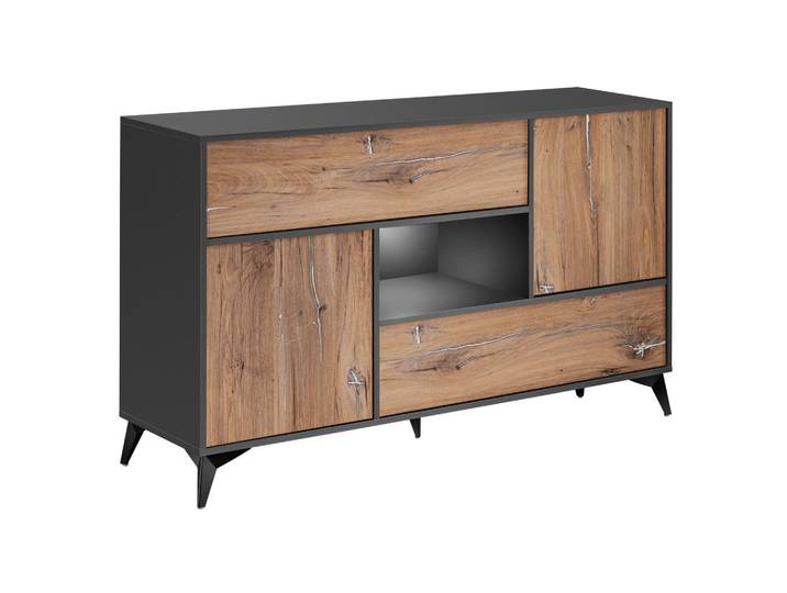 Komodee Sideboard Orvieto Kom4D, 4 Türen, 7 Schließfächer, Eiche, Anthrazit, Weiß LED Beleuchtung, Eichefarben, Anthrazit, Rechteckig, 149.5x89x40 cm, Kleinmöbel, Kommoden, Sideboards