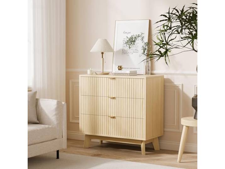 JustSmart Kommode mit 3 Schubladen, Fluted Holzkommode für Schlafzimmer, Wohnzimmer und Flur, Schubladenkommode mit Viel Stauraum, Moderne Kommode mit Metallgriffen, Eichenoptik