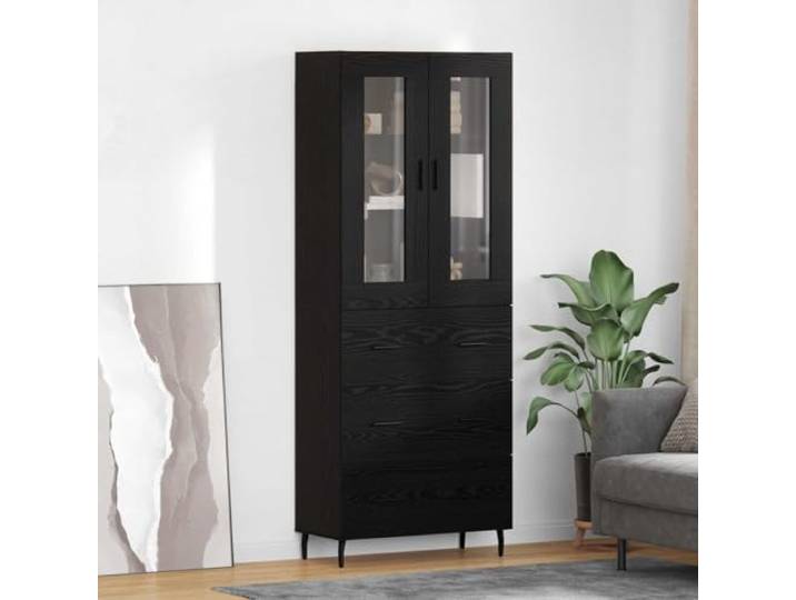 Highboard 2er Set Schwarz Eichen-Optik 69,5 x 34 x 180 cm Holzwerkstoff Stauraumschrank mit Türen, Regalbretter, Eisenbeine, Wohnzimmer oder Esszimmer, minimalistische Optik