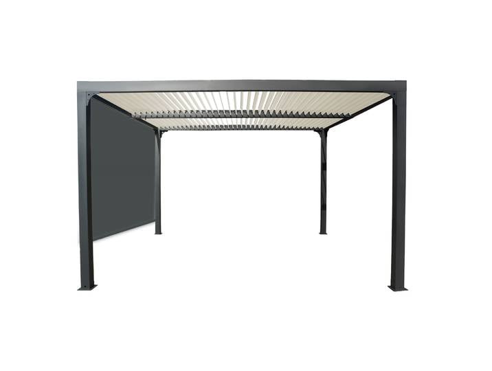 Pergola bioclimatique ALUMINIUM avec rideau manuel coloris gris pour côté 3 m / Surface de protection : 10,80 m² / toit réalisé avec lames ovales en
