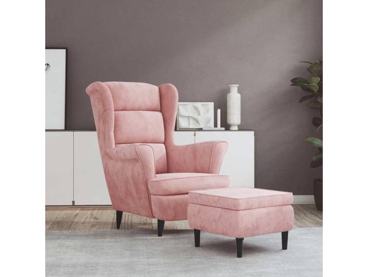 Fauteuil à oreilles avec tabouret rose velours 3115935