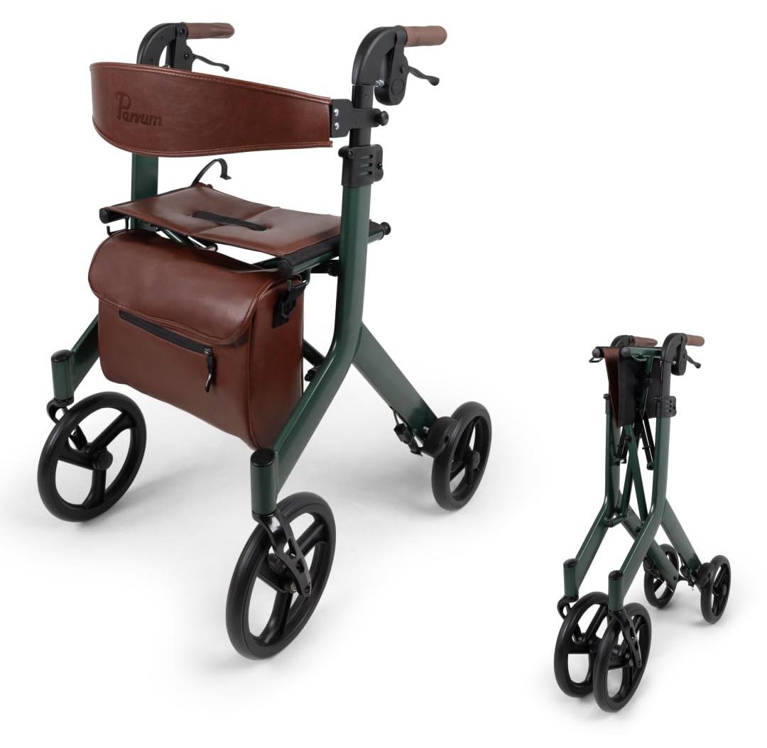 Leichter, zusammenklappbarer Rollator mit Sitzfläche in Mosgrün