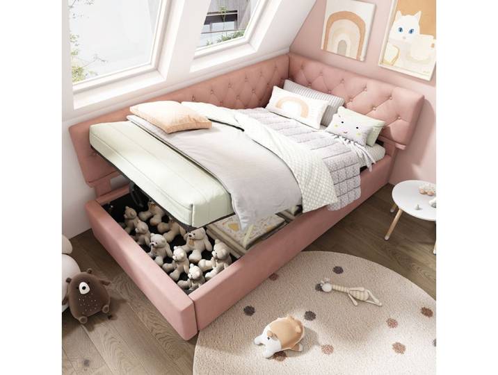 Schlafsofa Polsterbett 90x190cm Rosa Samt Bettgestell mit Lattenrost und praktischem Stauraum ohne Matratze