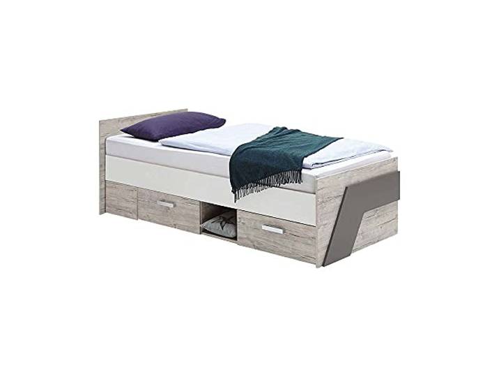 Lomadox Jugendbett Kojenbett Einzelbett 90x200cm in Eiche weiß Lava, 2 Schubkästen & Regalfach