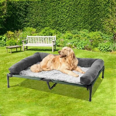 DynamicDeals Extra Large Cooling Elevated Dog & Pet Cot Bed, Waterproof Raised Lounger With Supportive Bolster, Indoor Outdoor Use gray large